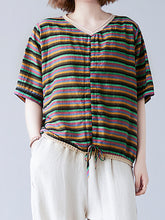 V-Neck Striped Short Sleeves Blouse